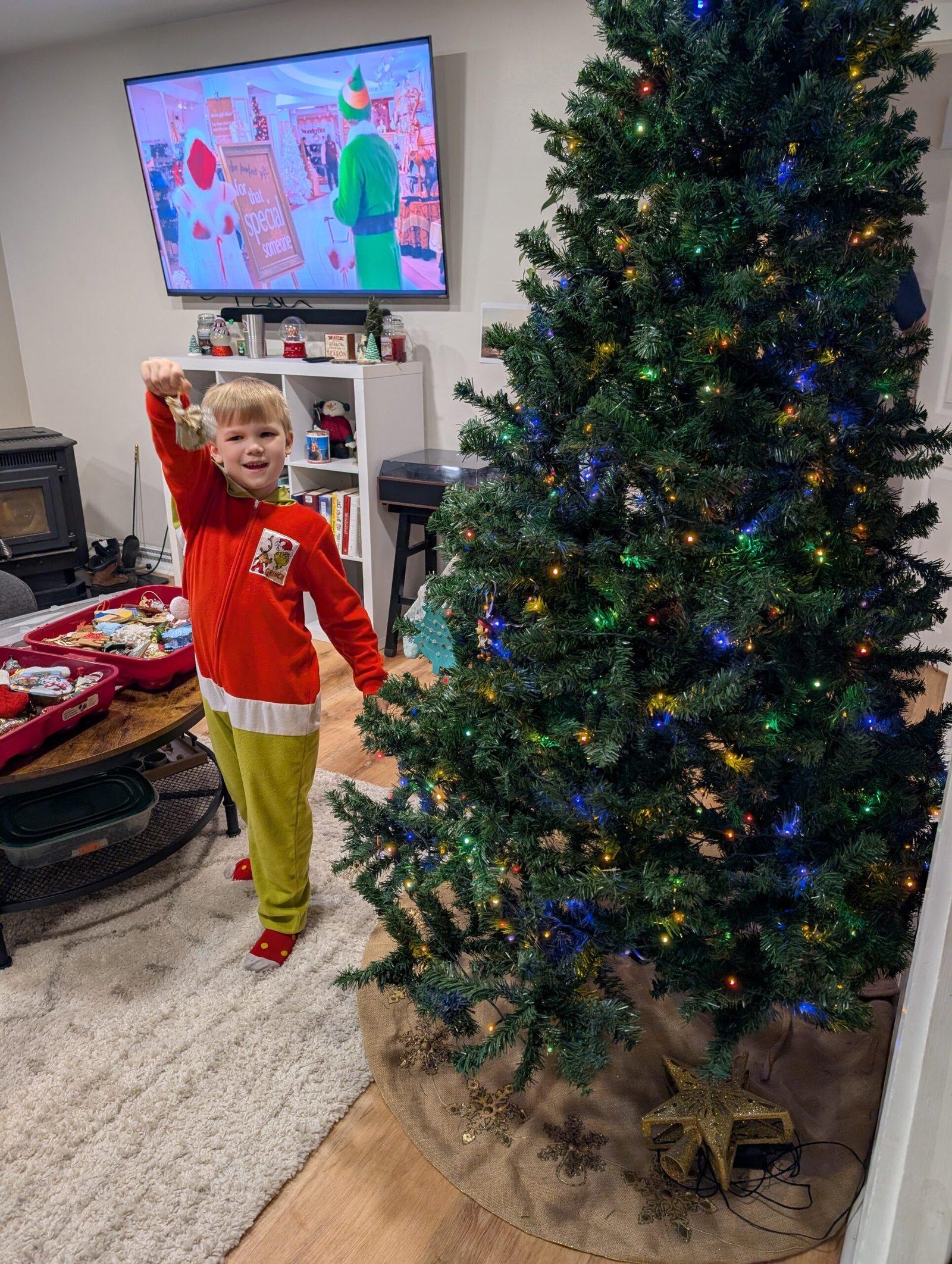 Unboxing Memories: How Our Christmas Tree Became a Timeline of Grace, Growth, and God's Faithfulness Our youngest son Wyatt in his Grinch outfit, laughing joyfully beside the Christmas tree.